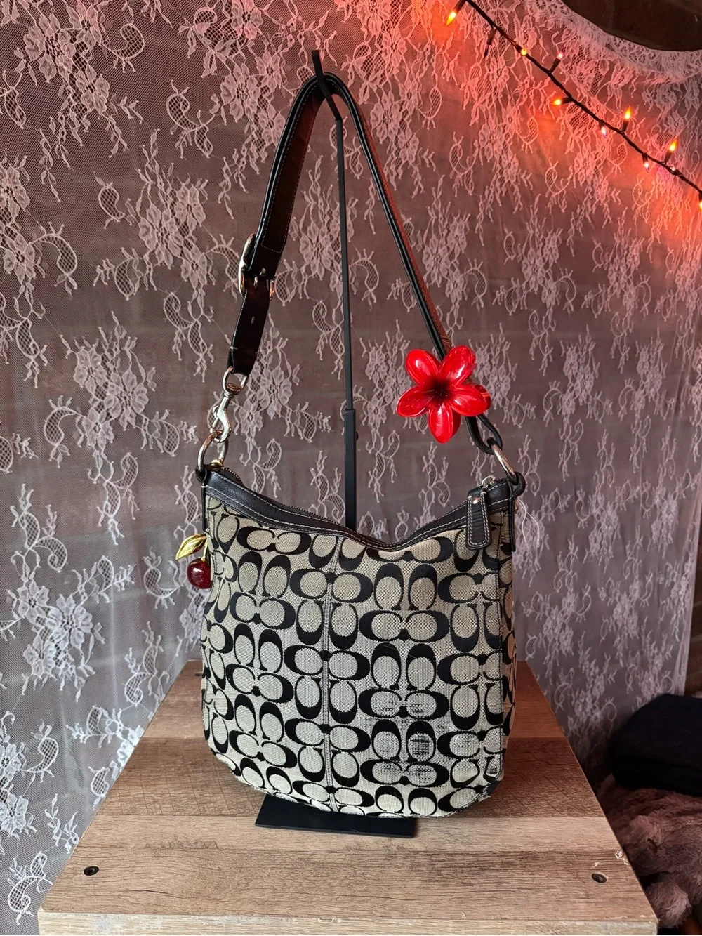 Coach Black and Cream Signature Canvas Shoulder Bag with Cherry Charm
